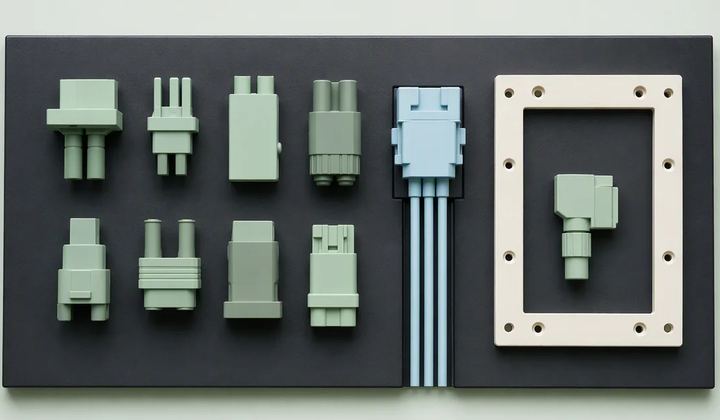 Mint connectors of different shapes sit on an ink board beside a pale blue connector and an ivory inspection frame.