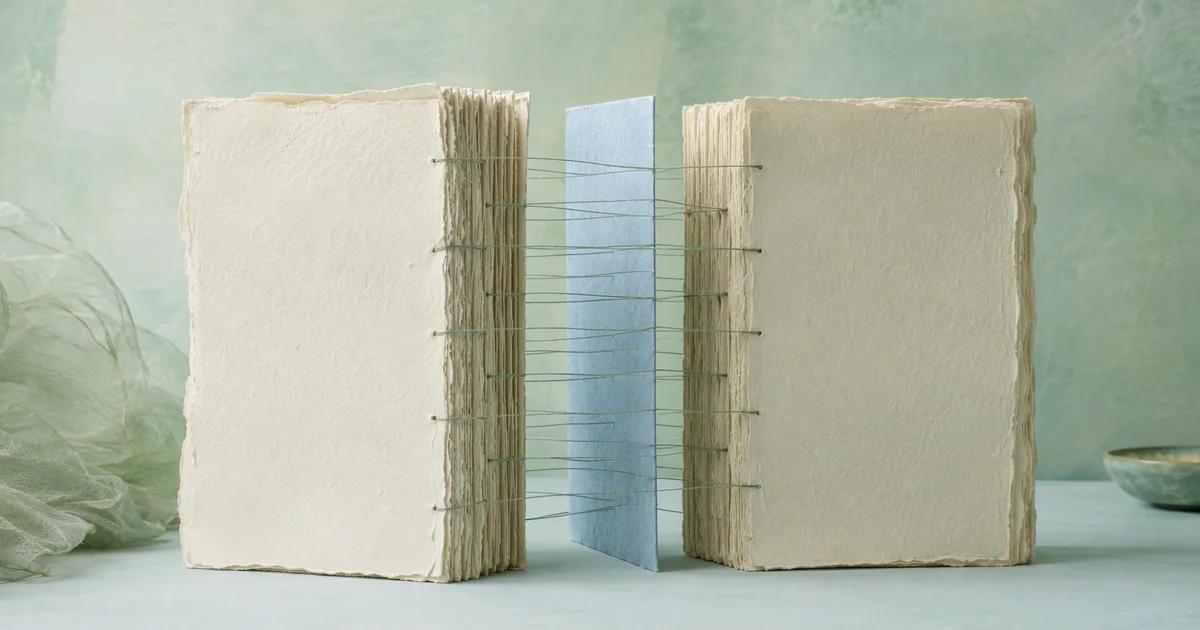 Two ivory manuscript-shaped paper stacks are joined by thin sage threads, with one revised pale blue insert highlighted between them.
