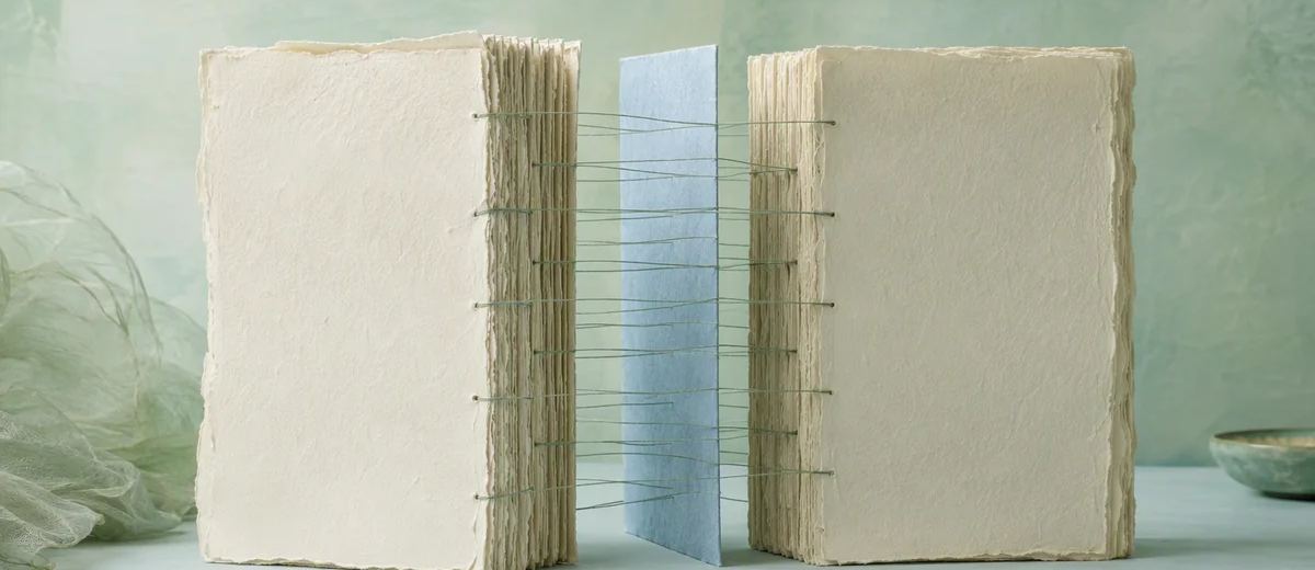 Two ivory manuscript-shaped paper stacks are joined by thin sage threads, with one revised pale blue insert highlighted between them.