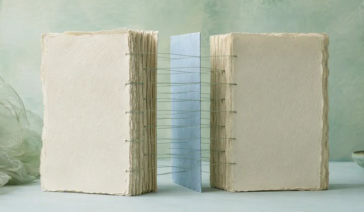 Two ivory manuscript-shaped paper stacks are joined by thin sage threads, with one revised pale blue insert highlighted between them.