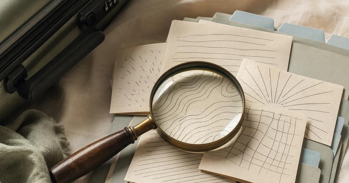 A magnifying glass rests over patterned paper cards and folders beside the edge of a suitcase.