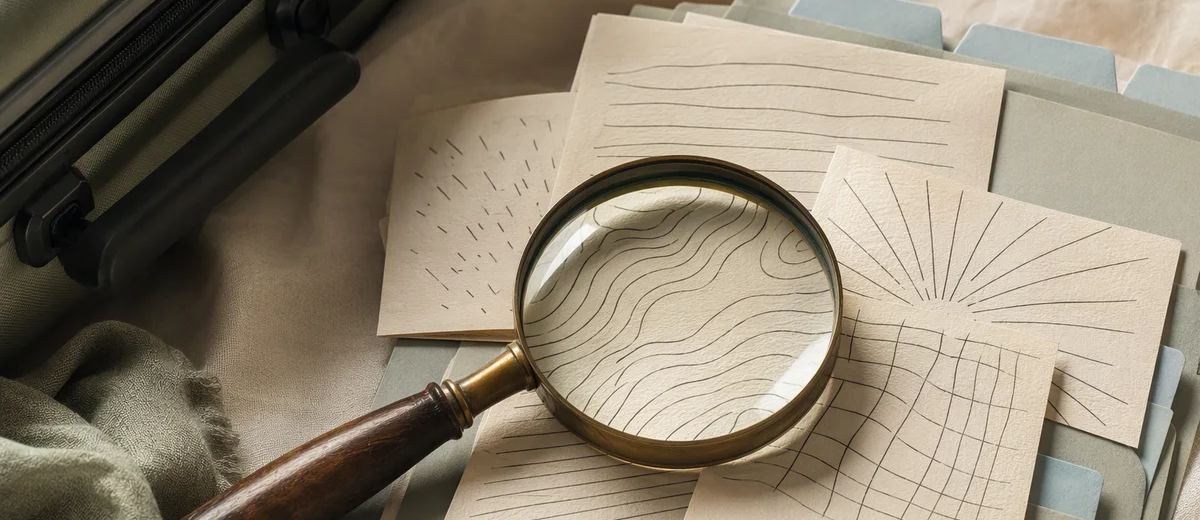A magnifying glass rests over patterned paper cards and folders beside the edge of a suitcase.
