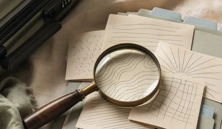 A magnifying glass rests over patterned paper cards and folders beside the edge of a suitcase.