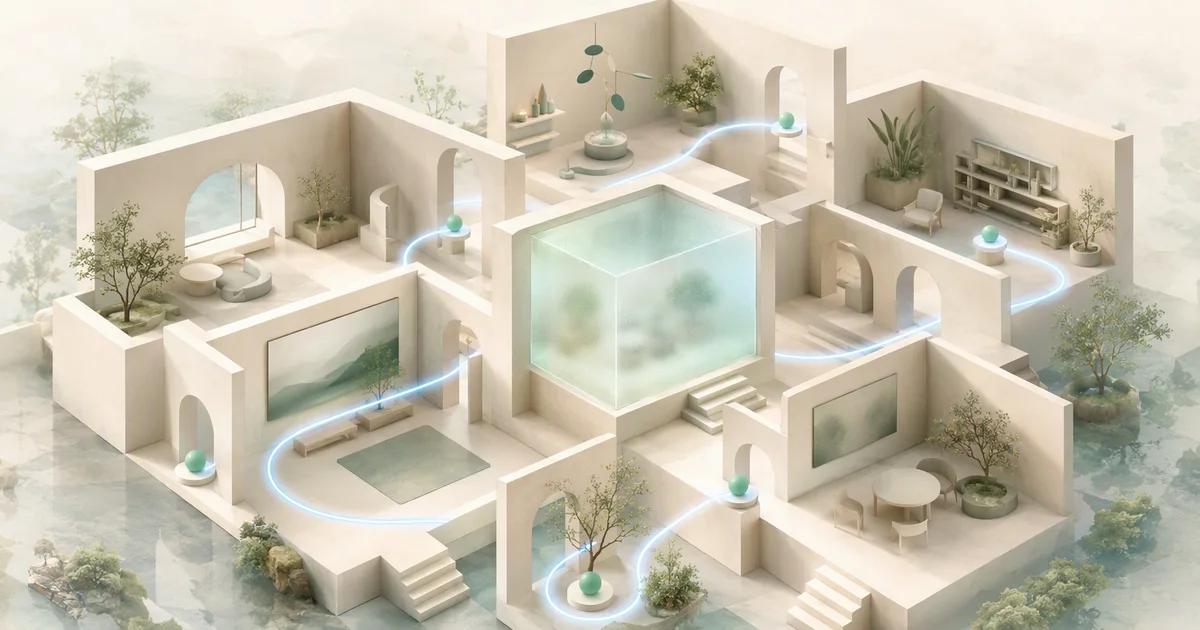 A glowing pale blue path connects mint markers through an ivory room model around a frosted central cube.