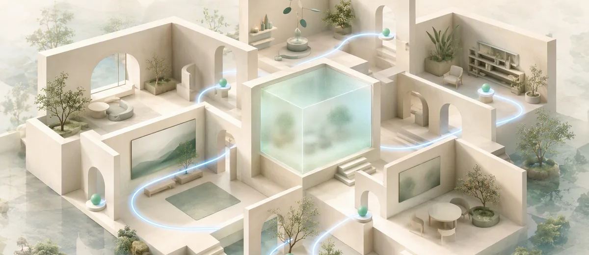 A glowing pale blue path connects mint markers through an ivory room model around a frosted central cube.