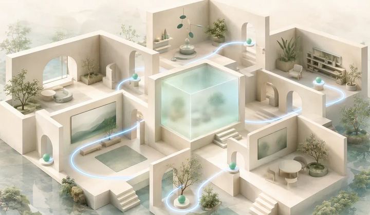 A glowing pale blue path connects mint markers through an ivory room model around a frosted central cube.