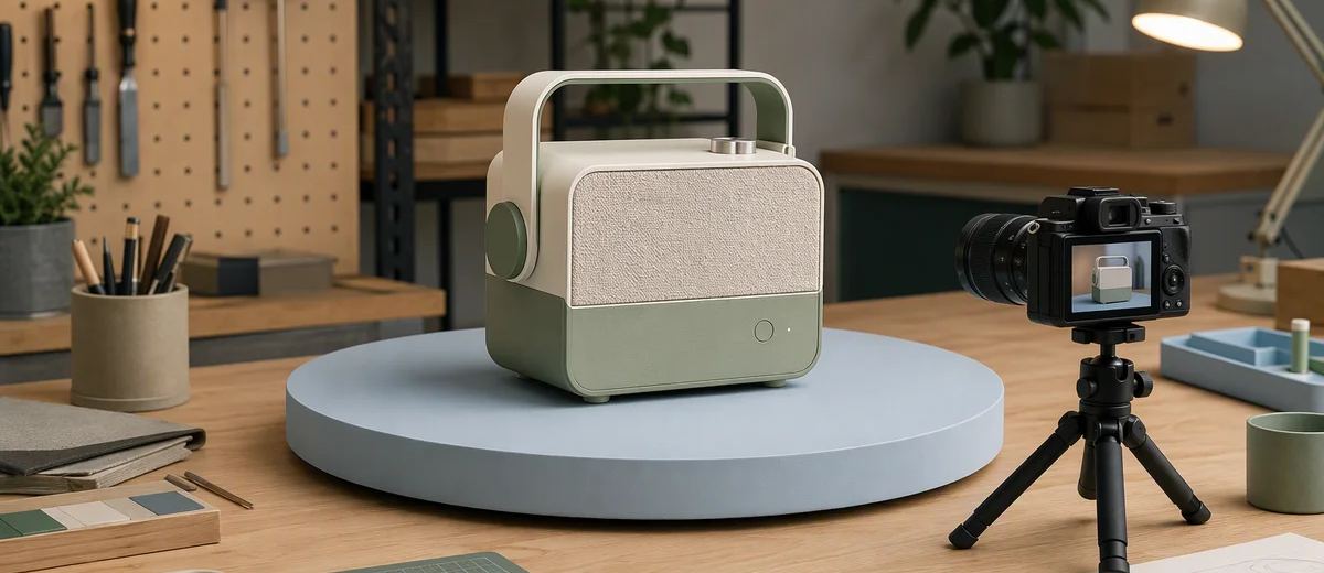 A prototype on a demonstration table beside a small camera.