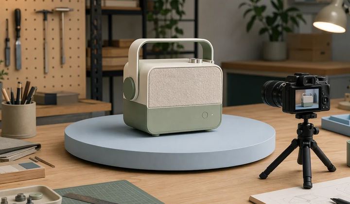 A prototype on a demonstration table beside a small camera.