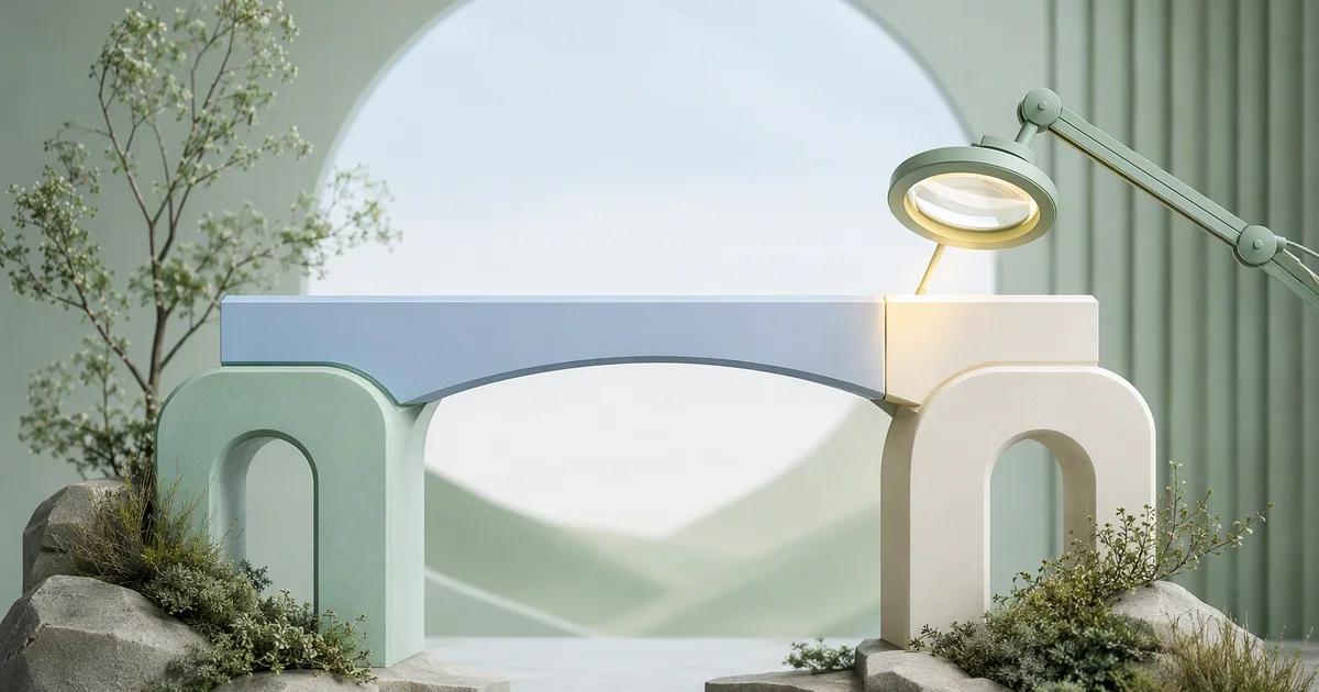 Two balanced sculptural arches in mint and ivory supporting a single pale blue bridge, with one joint illuminated for inspection