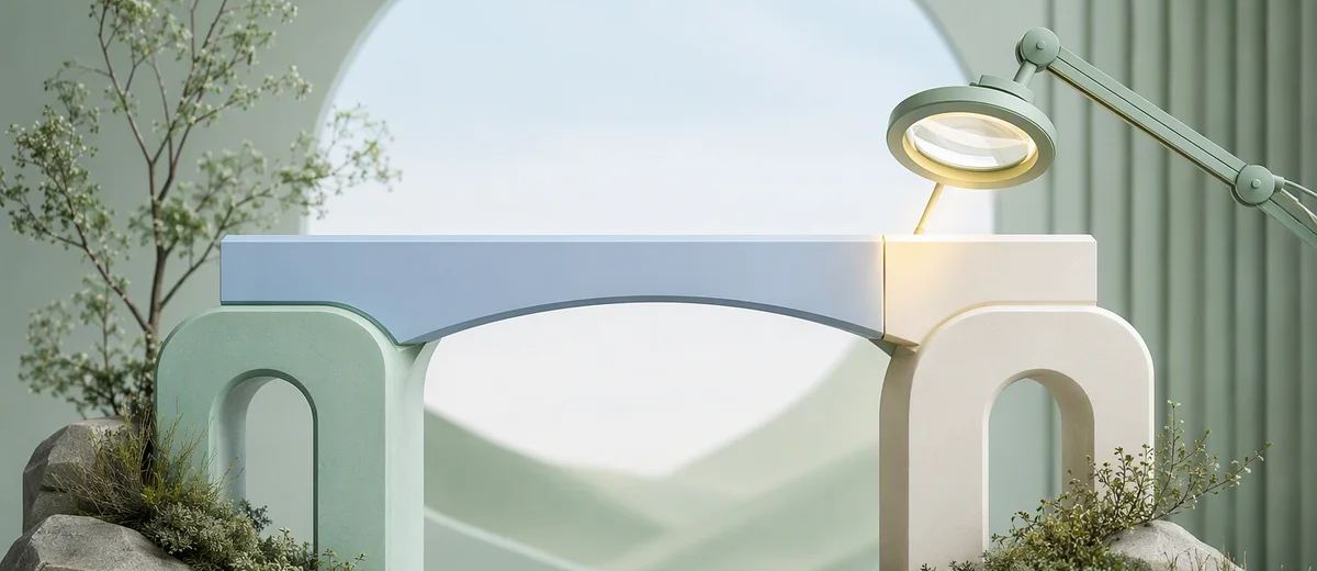 Two balanced sculptural arches in mint and ivory supporting a single pale blue bridge, with one joint illuminated for inspection