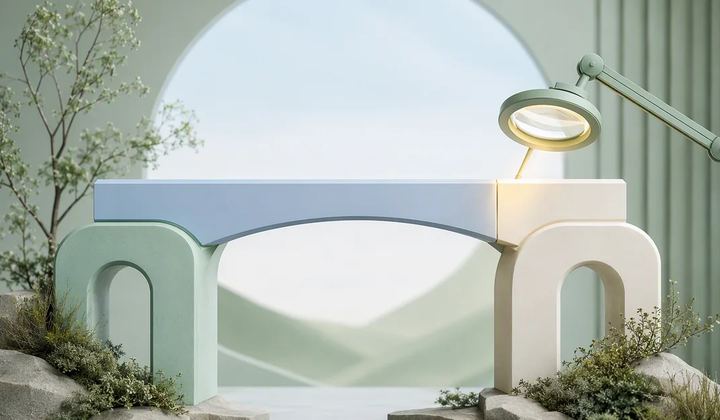 Two balanced sculptural arches in mint and ivory supporting a single pale blue bridge, with one joint illuminated for inspection