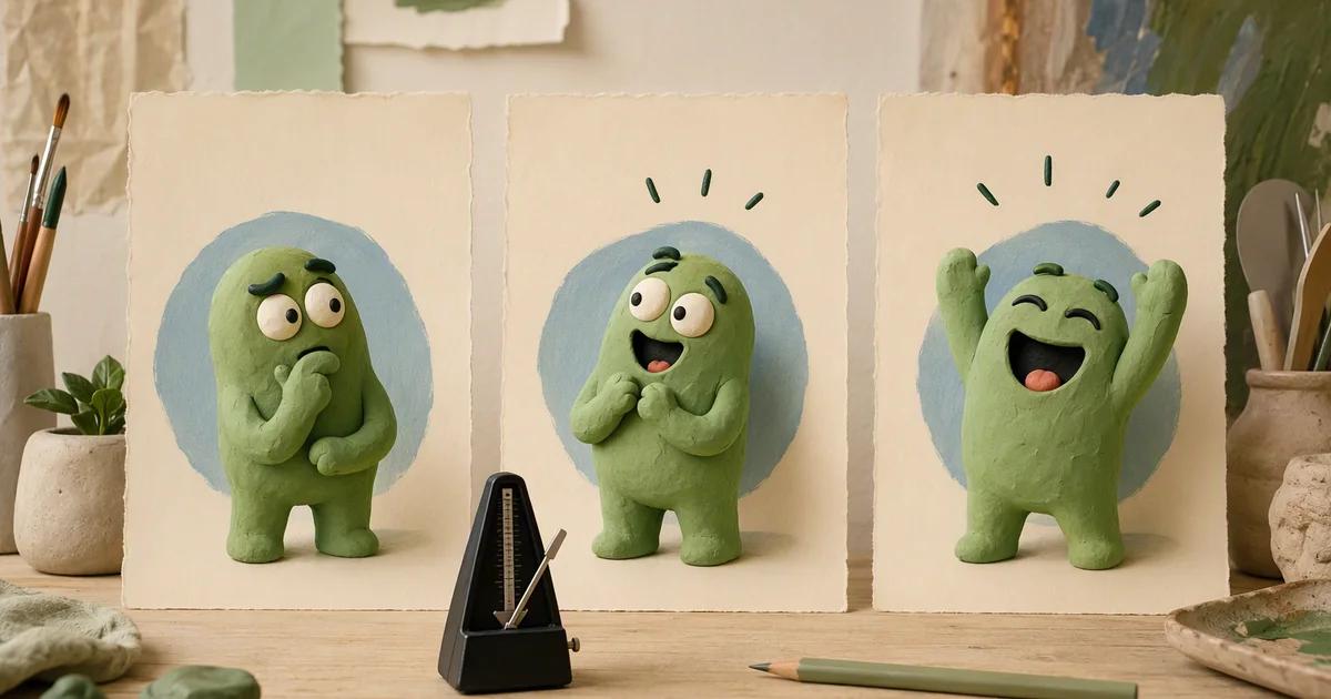 Three cream panels showing an original green clay character with different comic expressions.