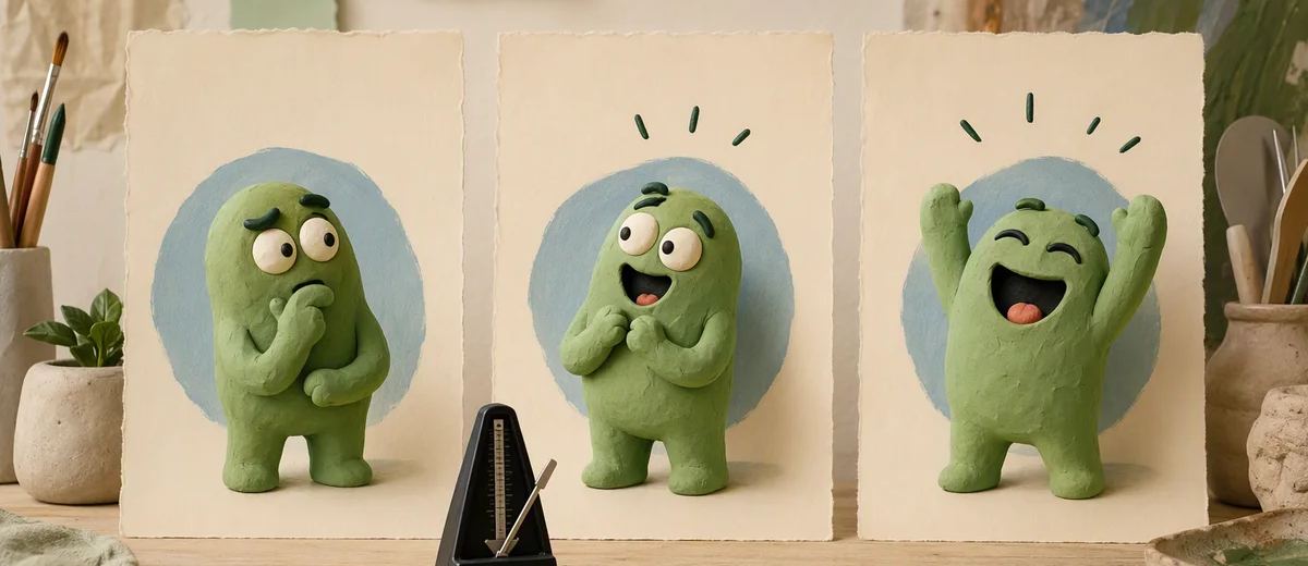 Three cream panels showing an original green clay character with different comic expressions.