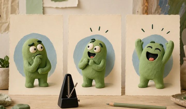 Three cream panels showing an original green clay character with different comic expressions.