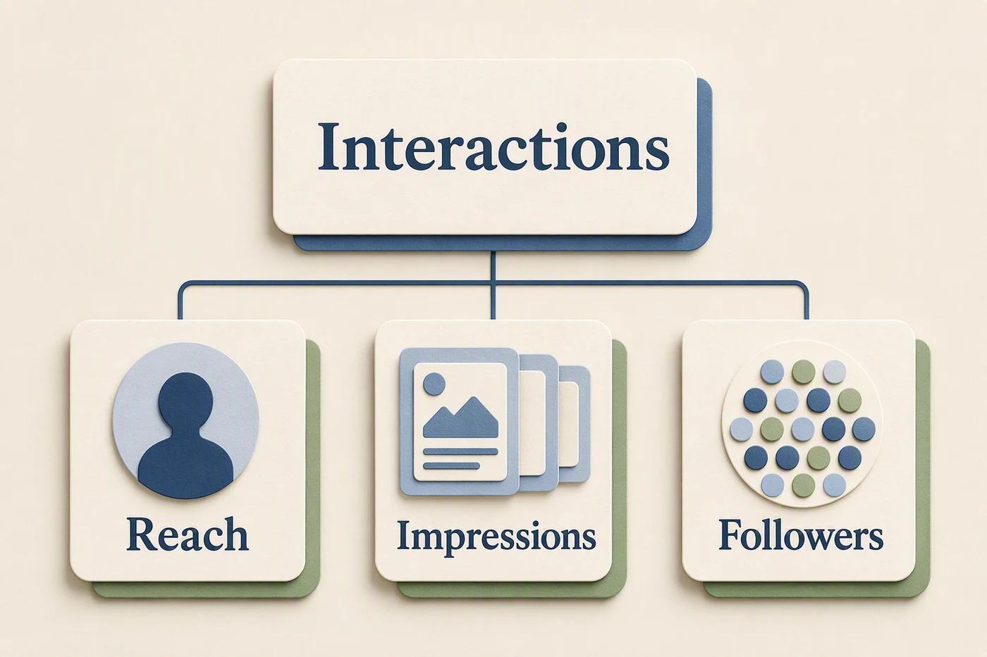 Diagram connecting one interactions counter to reach, impressions, and followers as alternative denominators.