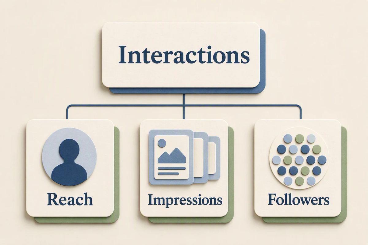 Diagram connecting one interactions counter to reach, impressions, and followers as alternative denominators.