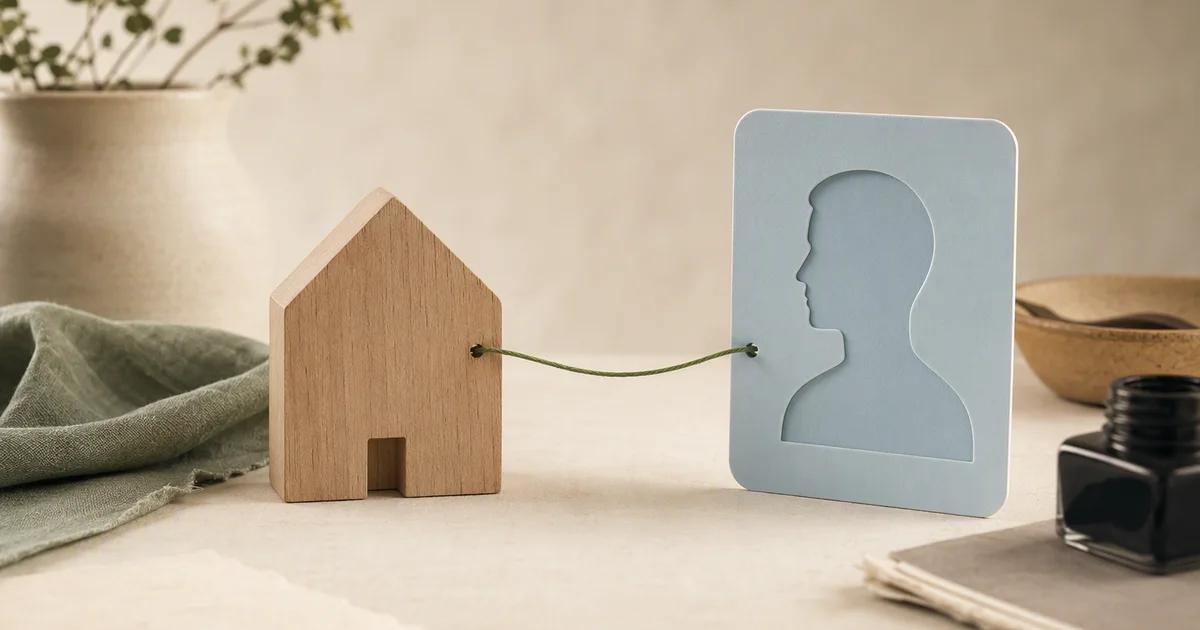 A green thread connecting a house-shaped wooden token to a pale blue profile card.