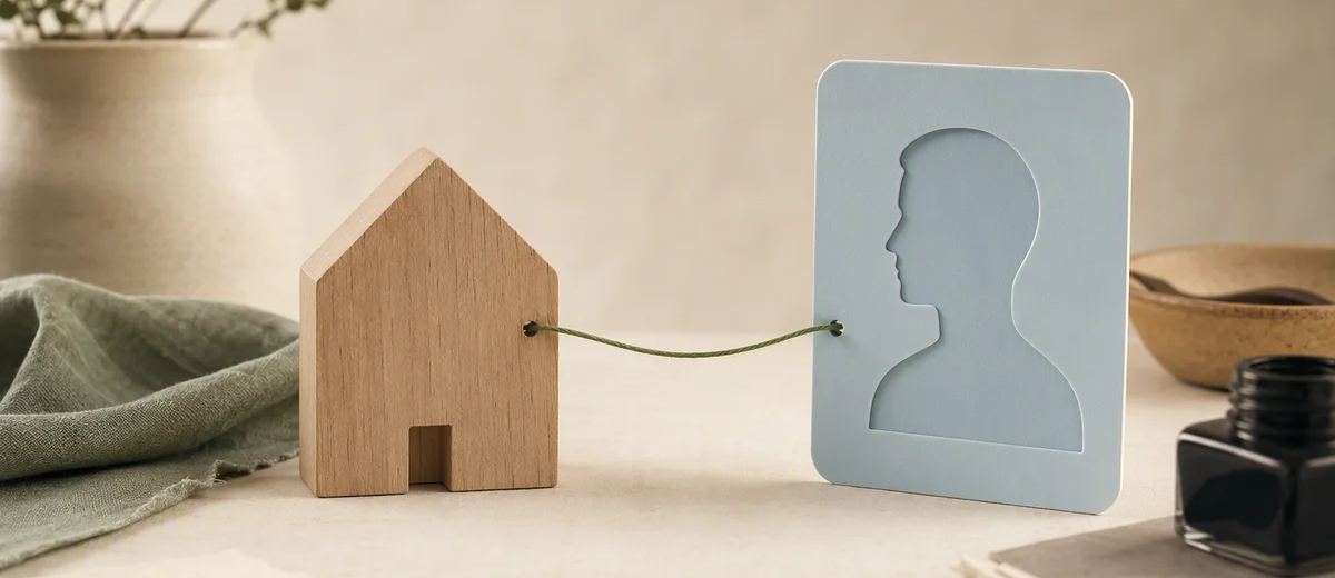 A green thread connecting a house-shaped wooden token to a pale blue profile card.