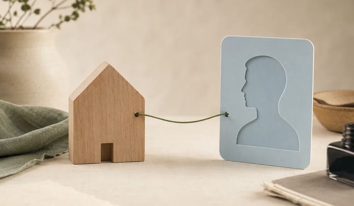 A green thread connecting a house-shaped wooden token to a pale blue profile card.