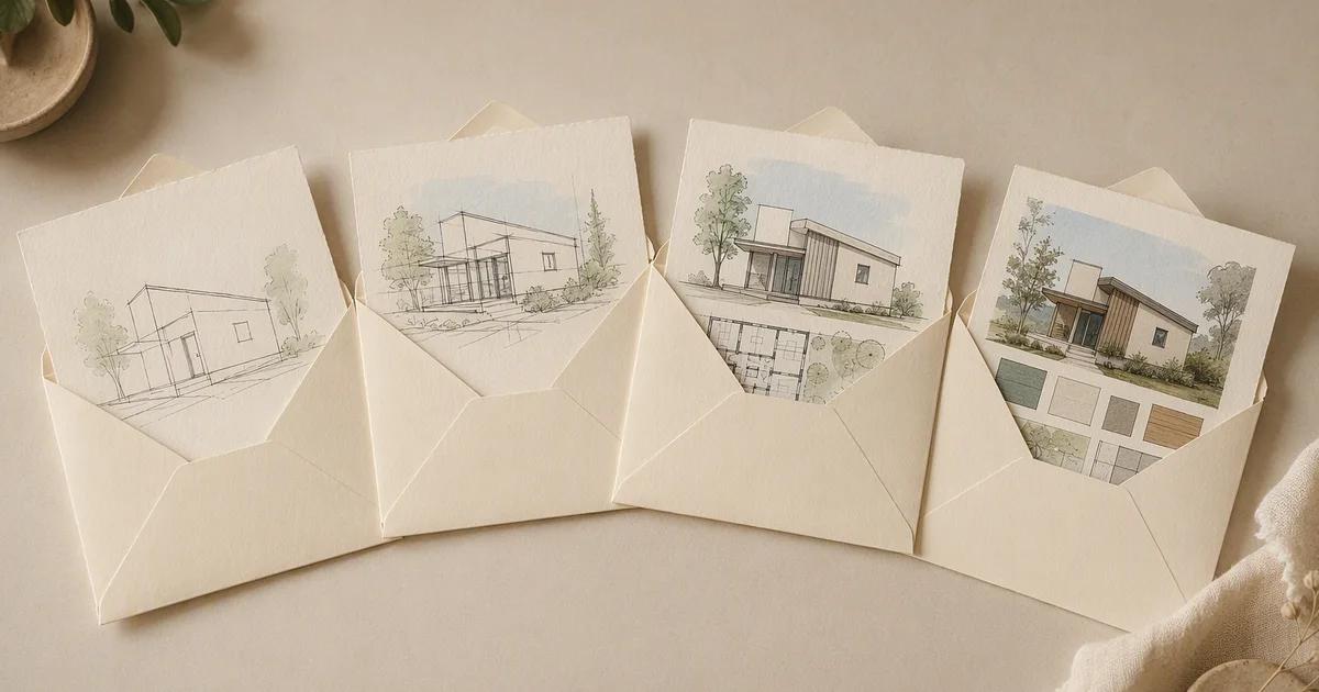 Four open envelopes hold architectural sketches and house illustrations.