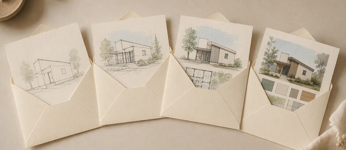Four open envelopes hold architectural sketches and house illustrations.