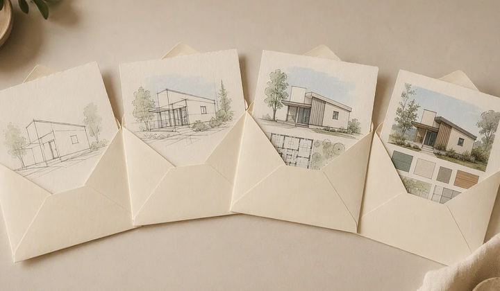Four open envelopes hold architectural sketches and house illustrations.