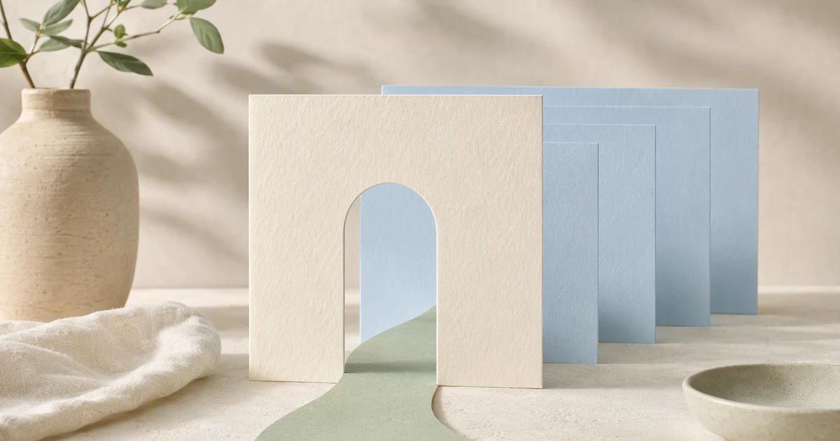 A single open paper doorway stands before a sequence of neatly arranged content cards.