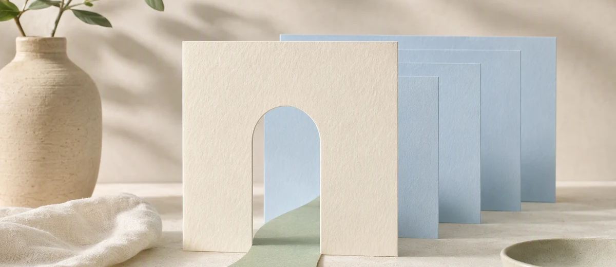 A single open paper doorway stands before a sequence of neatly arranged content cards.