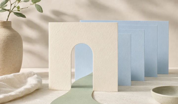 A single open paper doorway stands before a sequence of neatly arranged content cards.