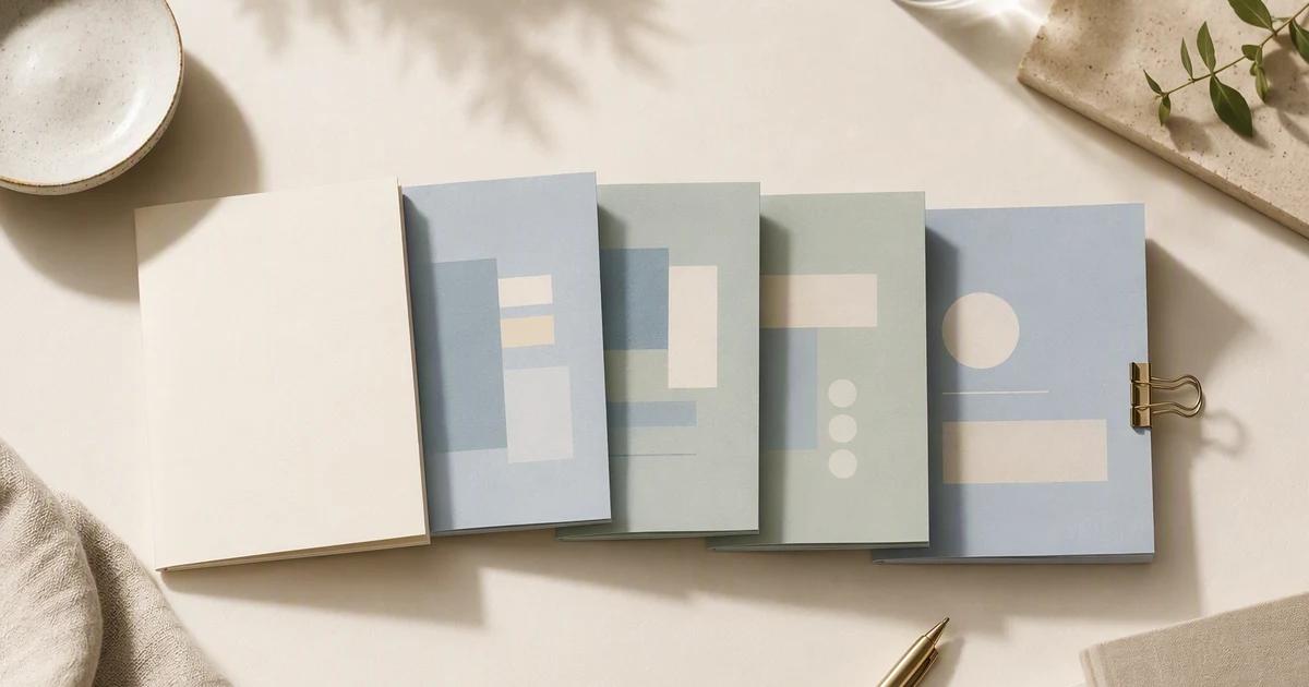 A bound paper document opens into a sequence of well-spaced professional story cards.
