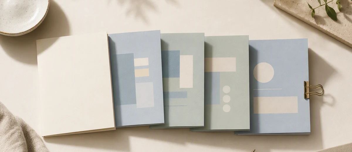 A bound paper document opens into a sequence of well-spaced professional story cards.