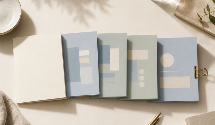 A bound paper document opens into a sequence of well-spaced professional story cards.