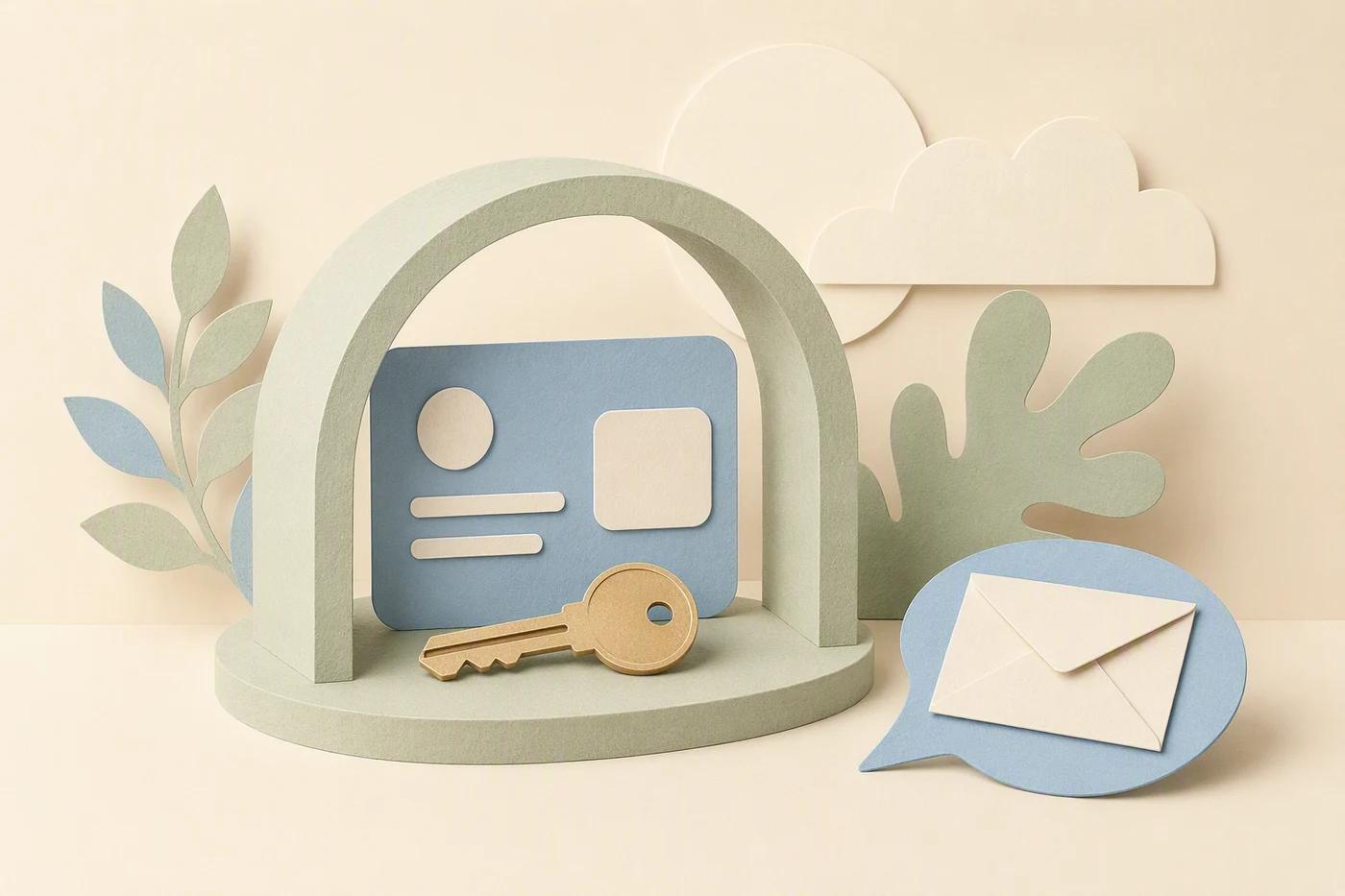 A protected account card sits behind a gate while an unsolicited message remains outside.