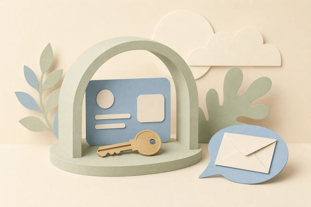 A protected account card sits behind a gate while an unsolicited message remains outside.