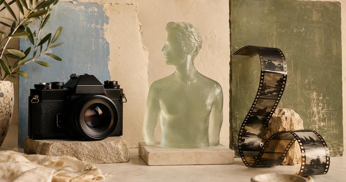 A camera, translucent presenter silhouette, and connected film strip arranged on a desk.