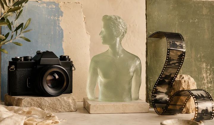 A camera, translucent presenter silhouette, and connected film strip arranged on a desk.