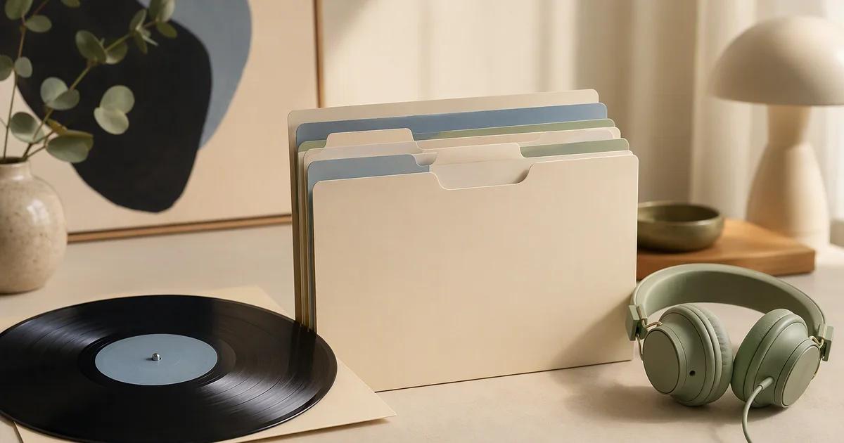 A vinyl record beside upright folders and sage headphones.