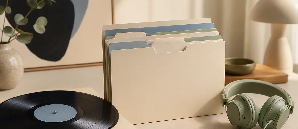 A vinyl record beside upright folders and sage headphones.