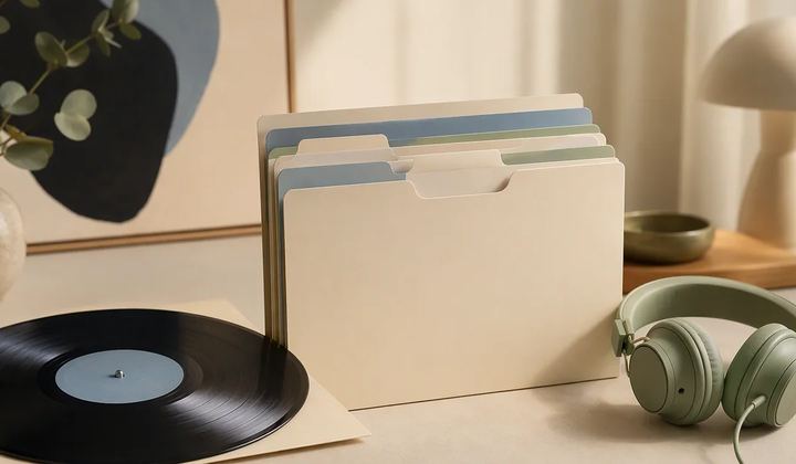 A vinyl record beside upright folders and sage headphones.