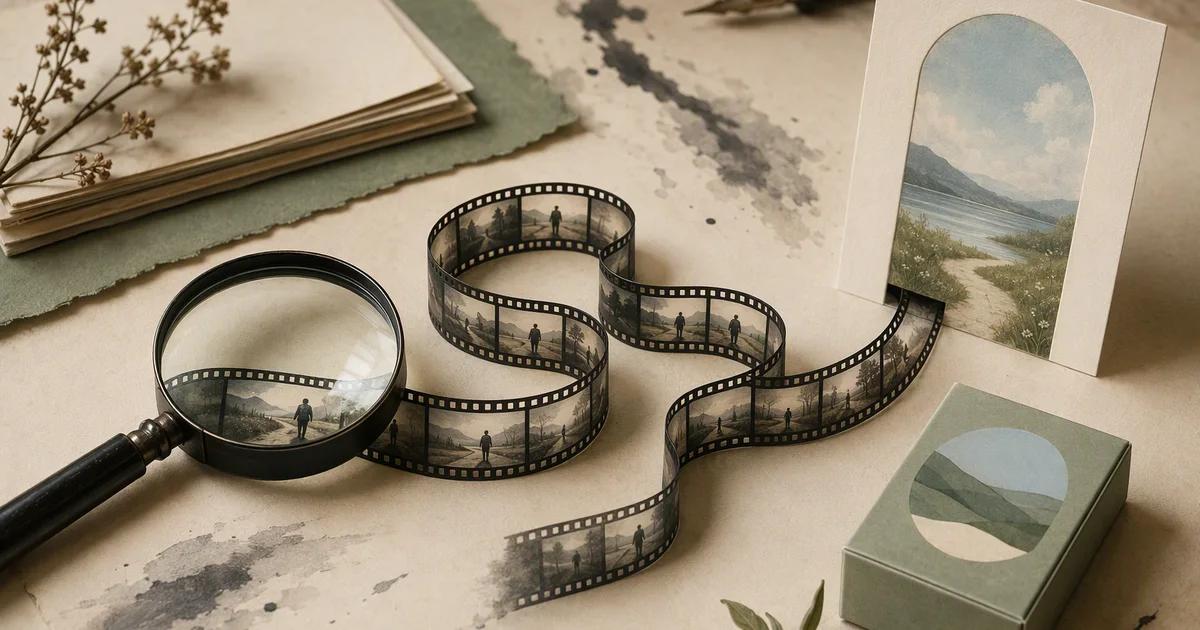 A film loop, product box, and destination card form a creative diagnostic workspace.