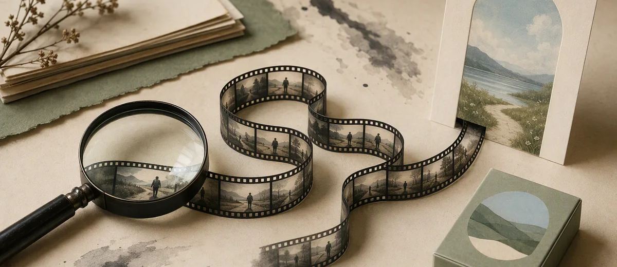 A film loop, product box, and destination card form a creative diagnostic workspace.