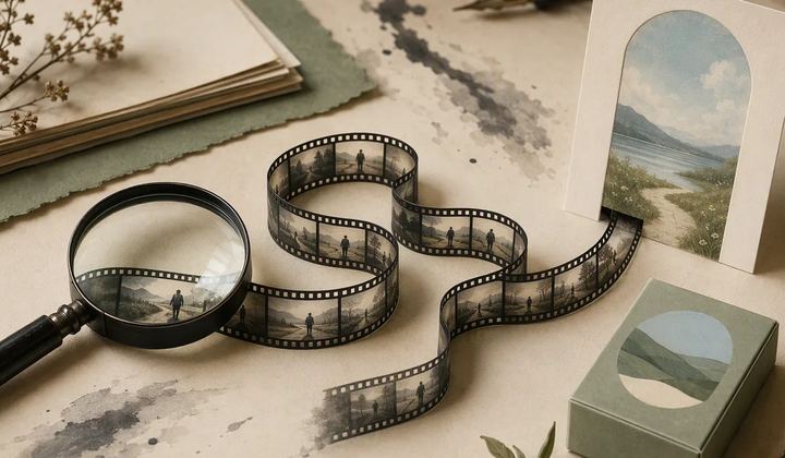 A film loop, product box, and destination card form a creative diagnostic workspace.