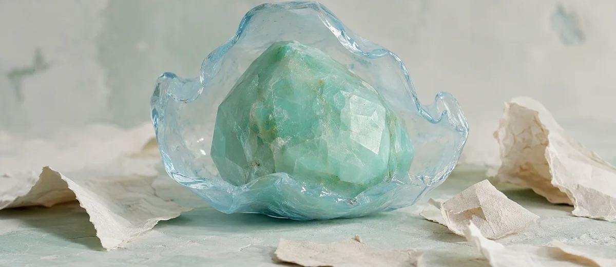 A transparent pale blue shell protects an irregular mint gemstone while ivory paper fragments remain visibly outside the shell.