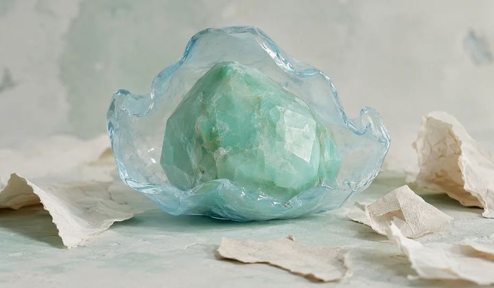 A transparent pale blue shell protects an irregular mint gemstone while ivory paper fragments remain visibly outside the shell.