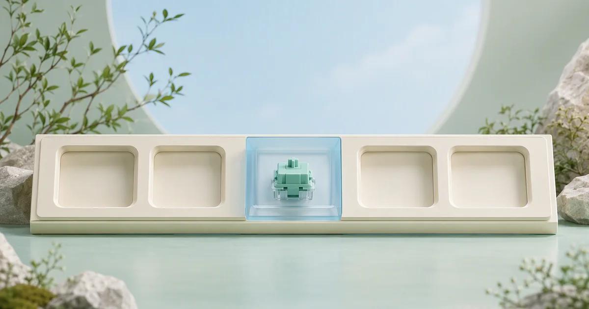 A mint component sits behind a transparent blue panel in the center of an ivory display with empty recesses.
