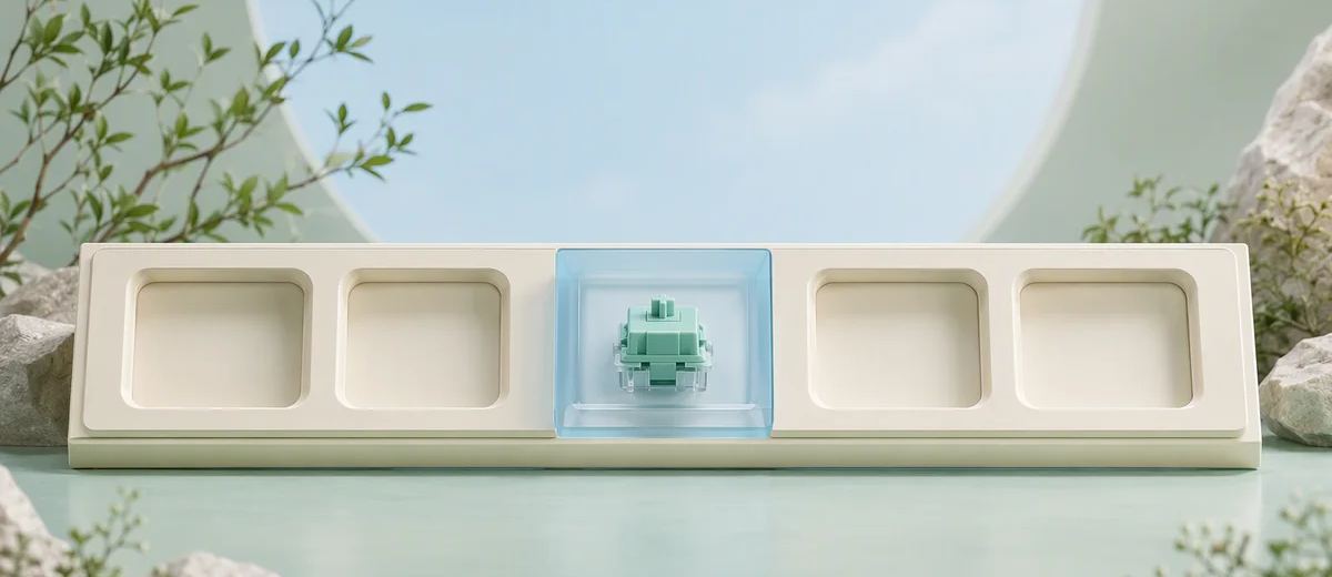 A mint component sits behind a transparent blue panel in the center of an ivory display with empty recesses.