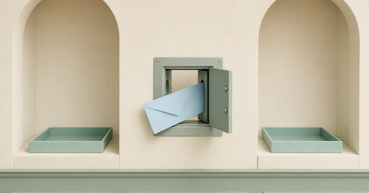 Two separate ivory studio alcoves each contain a mint tray, with a single pale blue envelope passing through a central inspection hatch.