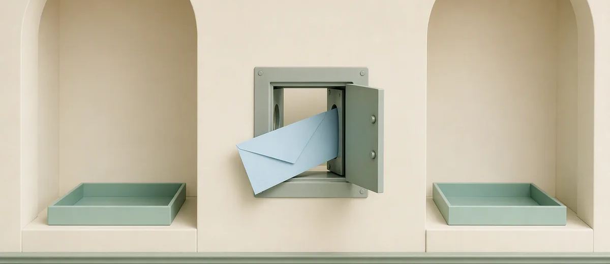 Two separate ivory studio alcoves each contain a mint tray, with a single pale blue envelope passing through a central inspection hatch.