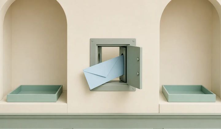 Two separate ivory studio alcoves each contain a mint tray, with a single pale blue envelope passing through a central inspection hatch.