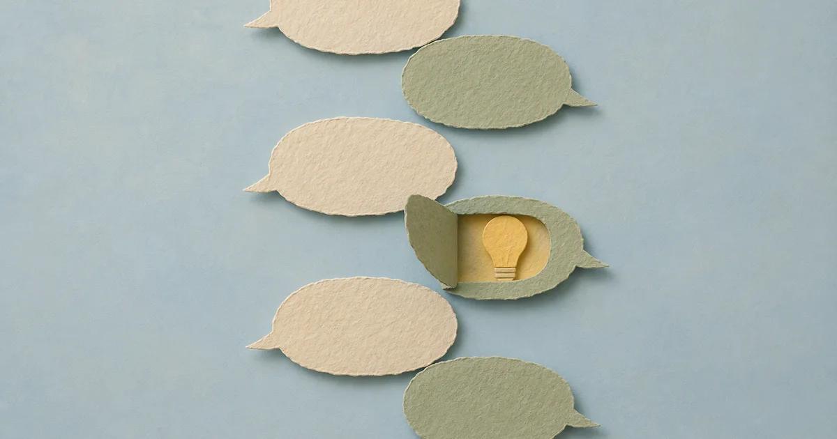 Cream and sage paper speech bubbles alternate on a pale blue surface, with one opening to reveal a yellow light bulb.